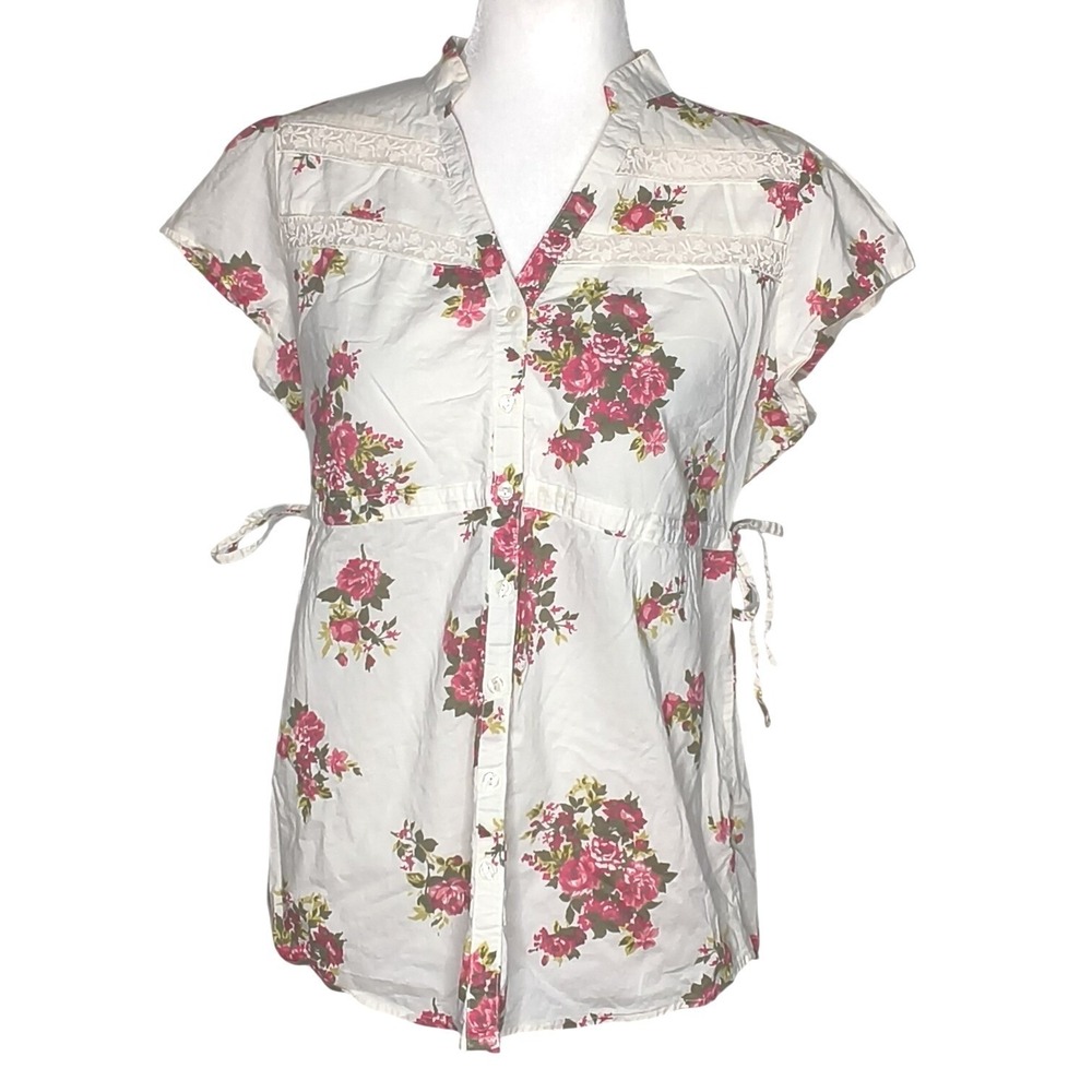 Decree Floral Button Up Top Women Large White Lace Trim Side Ties Fairy Cottage
